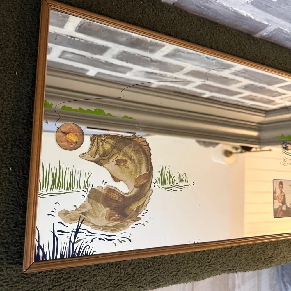 VTG 1954 Louis A. Wehle Fishing Contest Prize Mirror Bass Pinup Art 22x12 RARE